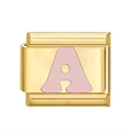 Détail d'un charm italien en acier inoxydable doré avec la lettre A en émail rose - Base Or Lettre Rose A