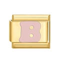 Détail d'un maillon de breloque modulaire doré avec une lettre B en émail rose - Base Or Lettre Rose B