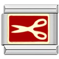 Macro detail of Italian charm bracelet link with gold scissors on red enamel background - Italian Charm Link / Scissors