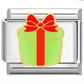 Close-up of stainless steel Italian charm link with green gift box and red ribbon motif - Italian Charm Link / Green Gift Box