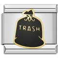 Italian modular charm in stainless steel featuring a black trash bag design with gold trim - Trash Bag Pattern Style (2551)