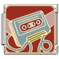 Close-up of retro cassette tape charm in red and blue enamel for modular DIY bracelets - Italian Charm Link / Vintage Cassette