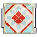 Macro shot of silver and gold modular charm link with colorful floral enamel patterns - Italian Charm Link / Geometric Flower