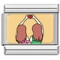 Detail showing two cartoon girls forming a red heart on a stainless steel charm - Best Friend Heart (2855)