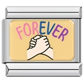Macro view of stainless steel charm with Forever text and hand-holding illustration - Together Forever (2857)