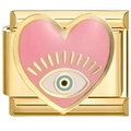 Detail of pink enamel heart charm with evil eye and gold eyelashes for modular bracelet - Pink Eye Heart