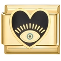 Detailed macro view of an 18K gold modular bracelet link with black heart and evil eye - Black Heart Evil Eye