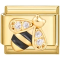 Italian modular gold charm with 3D bee design featuring crystals and black enamel - Gold Bee With 4 Rhinestones (3095)