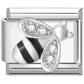 Italian modular charm link in stainless steel featuring a 3D bee with zircon wings - Silver Bee With 4 Rhinestones (0567)