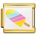 Detail of a gold stainless steel modular link charm with a rainbow ice cream cone pattern - Colorful Ice Pop