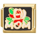 Modular bracelet link in 18K gold plated steel with black enamel MOM rose design - MOM Black Background Rose