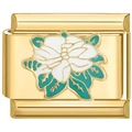 18K gold modular bracelet charm with white and green enamel flower design on stainless steel - White Hibiscus