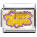 Dettaglio maglia charm in acciaio con smalto viola e scritte I HATE PEOPLE incise - Stile Viola I HATE PEOPLE (2912)