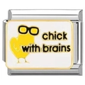 Maillon de bracelet italien en acier inoxydable avec design émaillé 'chick with brains' - Poussin Jaune-Chick with Brains (2610)