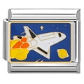 Charm modulaire italien avec navette spatiale et Saturne en émail sur base en acier inox - Émail Bleu Foncé-Vaisseau Spatial (2612)