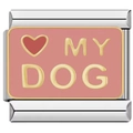 Italian charm link with pink enamel, golden heart, and MY DOG text in silver finish - Italian Charm Link / Pink My Dog