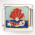 Maillon de bracelet italien avec coquille Saint-Jacques en émail rouge et perle en acier - Style Perle Coquillage (3172)