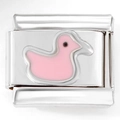 Detail of pink enamel duck charm on a polished stainless steel Italian modular bracelet - Pink Duck (3184)