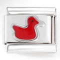 Close-up of a silver modular Italian charm link with a red enamel duck design - Red Duck (3185)