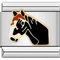 Detailed macro of Italian charm link with golden horse head design in enamel finish - White Head Black Neck Horse (3191)