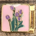 Detail of pink enamel Italian charm featuring a purple tulip and gold stainless steel frame - Purple Lavender Gold