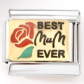 Macro detail of silver and gold charm link featuring red rose and BEST Mum EVER engraving - BEST MUM EVER Theme