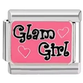 Italian charm bracelet link with Glam Girl text and pink heart in stainless steel - GLAM GIRL Theme