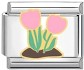 Detail of Italian charm link featuring pink enamel tulips on a stainless steel base - Pink Tulip