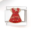 Detail of Italian charm link featuring a red glitter dress with Best Mom gold lettering - Red Dress Mother's Day Style (3225)