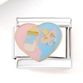 Dettaglio charm in acciaio con biberon rosa e ciuccio blu su cuore smaltato - Stile Biberon E Ciuccio (3239)