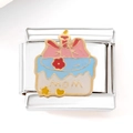 Dettaglio macro del link charm italiano con design torta Mom in acciaio inossidabile - Stile Torta Tricolore Festa Della Mamma (3240)