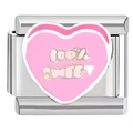 Italian charm link bracelet in silver finish with pink enamel heart and artistic letter - 100% Sweet Pink Heart (3255)