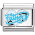 Italian charm bracelet link with silver metal heart and blue Father's text design - Father's Blue Heart (3258)