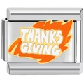 Italian charm link featuring orange enamel with Thanks Giving text in stainless steel - Giving Day Orange Maple Leaf (3259)