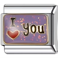 Dettaglio macro di maglia glitter viola con scritte dorate I love you per bracciale - I Love You Cuore Glitter Viola (3264)