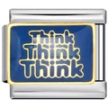 Dettaglio del charm italiano con scritta Think dorata su smalto blu e base argento - Think Lettere 3D (3266)