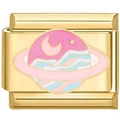 Detailed close-up of a golden Italian charm link featuring a colorful enamel planet and moon - Jupiter Planet Design (3417)