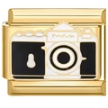 Detail-Makroaufnahme eines vergoldeten Kamera-Charms aus Edelstahl mit Emaille-Verzierung - Kamera Gold Design (3429)