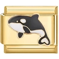 Detailansicht eines goldenen Italian Charm Moduls mit einem schwarz-weißen Orca-Wal Motiv - Delphin Gold Design (3428)