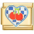 Goldenes Herz-Modularmband mit roten Kirschen aus Emaille und blauem Schachbrett-Muster - Kirschherz Gold Design (3430)