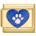 Italian style gold modular charm link featuring a blue heart with a white paw print - Glass Blue Heart Cat Paw Gold Design (3420)