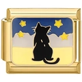 Italienisches Armbandglied mit schwarzer Katze und Sternenhimmel aus goldenem Edelstahl - Schwarze Katze Beobachtet Sterne Gold Design (3419)