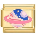 Italienischer Charm-Link mit goldenem Saturn-Planeten-Design aus rosa und blauem Emaille - Galaxiesystem Design (3418)