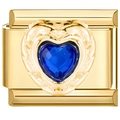 Detail eines italienischen Modularmband-Glieds mit goldenem Herz und blauem Stein - Blaues Herz mit Golddraht Design (3422)