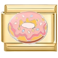 Makro-Detail eines goldenen Modul-Links mit pinkem Emaille-Donut-Charm für Armbänder - Rosa Donut Gold Design (3423)