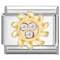 Charm modulare in acciaio inossidabile con motivo sole dorato e tre zirconi trasparenti - Girasole con Tre Cristalli