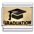 Macro view of stainless steel Italian charm with graduation cap and text detail - Graduation Cap