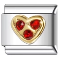 Detail of Italian charm link in polished stainless steel with golden heart and red crystals - Red Heart With Three Crystals