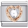 Close-up of heart-shaped modular bracelet link with rose gold edge and clear zircon - Mesh Clear Heart