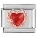 Close-up of Italian charm link featuring a red heart gemstone and rose gold frame - Mesh Red Heart